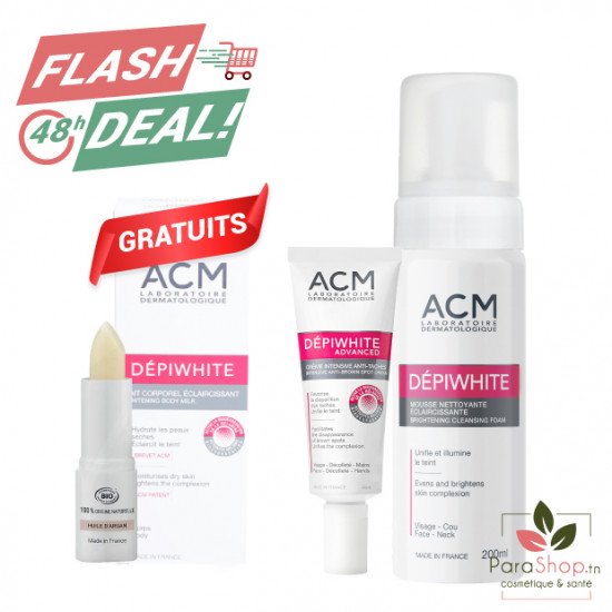 FLASH DEAL ACM PACK DEPIWHITE MOUSSE NETTOYANTE +  ADVANCED CREME + LAIT CORPOREL 100ML + GAMARDE BAUME A LEVRES OFFERTS 