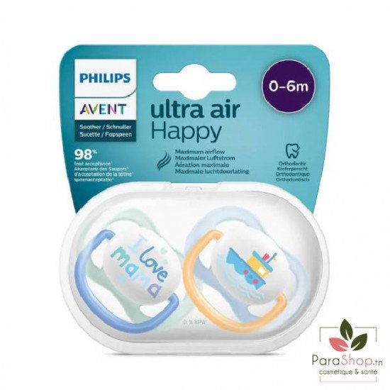 AVENT 2 Sucettes Ultra Air Happy 0-6M - Bleu
