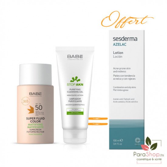 BABE Super Fluid Matifiant Color Spf50 + STOP AKN GEL NETTOYANT + Sesderma Azelac Lotion Offerte BABE Super Fluid Matifiant Color Spf50 + STOP AKN GEL NETTOYANT + Sesderma Azelac Lotion Offerte