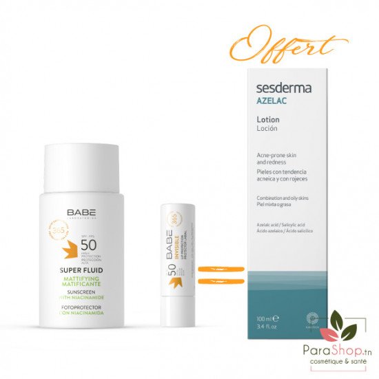 BABE Super Fluid Matifiant Spf50 + Lip Stick Invisible Spf50 + Sesderma Azelac Lotion Offerte BABE Super Fluid Matifiant Spf50 + Lip Stick Invisible Spf50 + Sesderma Azelac Lotion Offerte