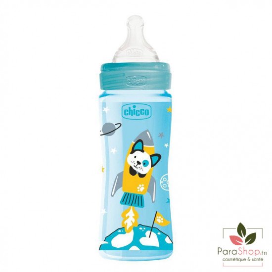 Chicco Biberon Well-Being - 330ml - Tétine silicone - Bleu 4M+