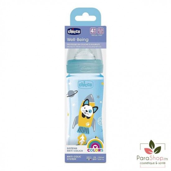 Chicco Biberon Well-Being - 330ml - Tétine silicone - Bleu 4M+