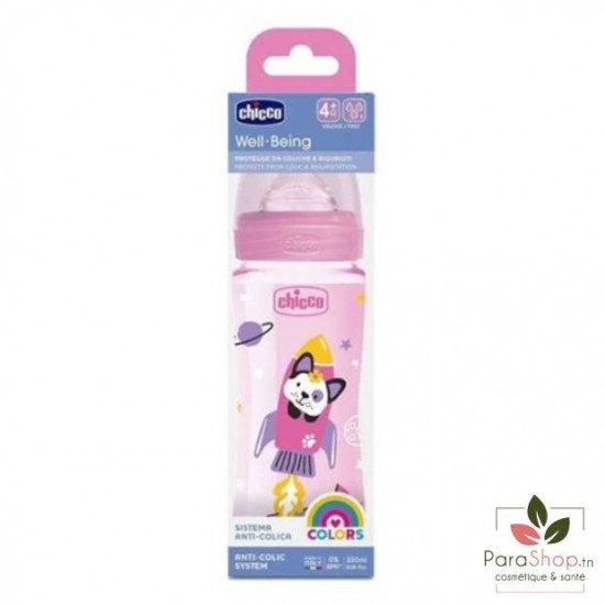 Chicco Biberon Well-Being - 330ml - Tétine silicone - Rose 4M+