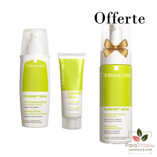 DERMACARE PACK PURENET SKIN CREME MATIFIANTE +  LOTION ASSECHANTE +MOUSSE NETTOYANTE OFFERTE