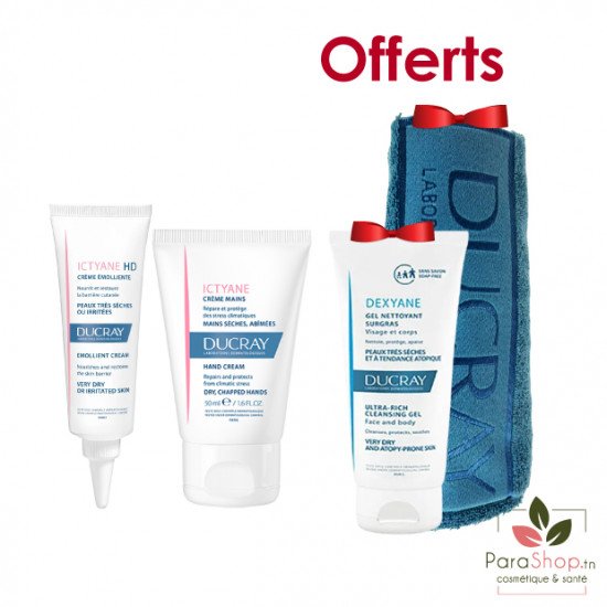 DUCRAY PACK ICTYANE HD CREME + CREME MAINS + DEXYANE GEL NETTOYANT 100ML OFFERT + SERVIETTE OFFERTE