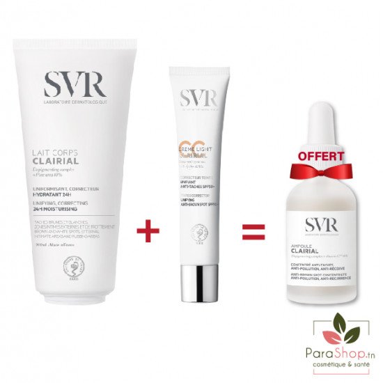 SVR CLAIRIAL PACK Lait de Corps 200ML + CC Creme LIGHT SPF50 + Ampoule anti Taches Gratuite SVR CLAIRIAL PACK Lait de Corps 200ML + CC Creme LIGHT SPF50 + Ampoule anti Taches Gratuite