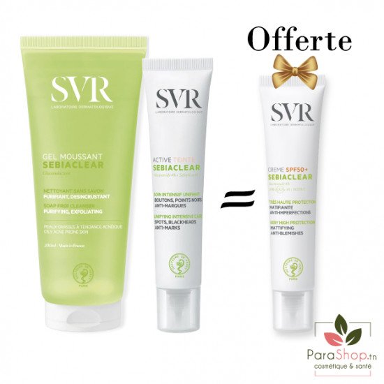 SVR PACK SEBIACLEAR Active Teinté 40ML​ + GEL MOUSSANT 200ML + Creme SPF50+ OFFERTE - 2025