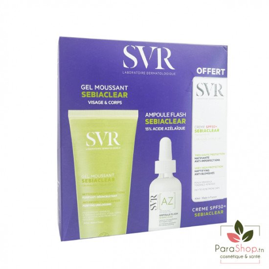 SVR PACK SEBIACLEAR Ampoule Flash + GEL MOUSSANT 200ML + SEBIACLEAR SPF50+ OFFERTE - BF 2025 SVR PACK SEBIACLEAR Ampoule Flash + GEL MOUSSANT 200ML + SEBIACLEAR SPF50+ OFFERTE - BF 2025