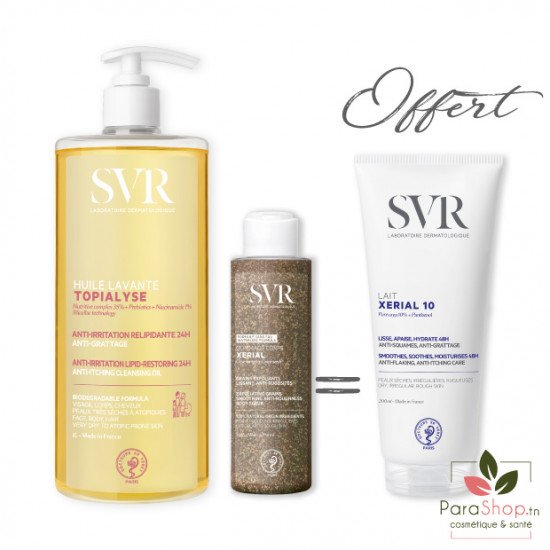 SVR PACK XERIAL Gommage + TOPIALYSE HUILE LAVANTE 1L + XERIAL 10 LAIT 200ML OFFERT - 2025 SVR PACK XERIAL Gommage + TOPIALYSE HUILE LAVANTE 1L + XERIAL 10 LAIT 200ML OFFERT - 2025