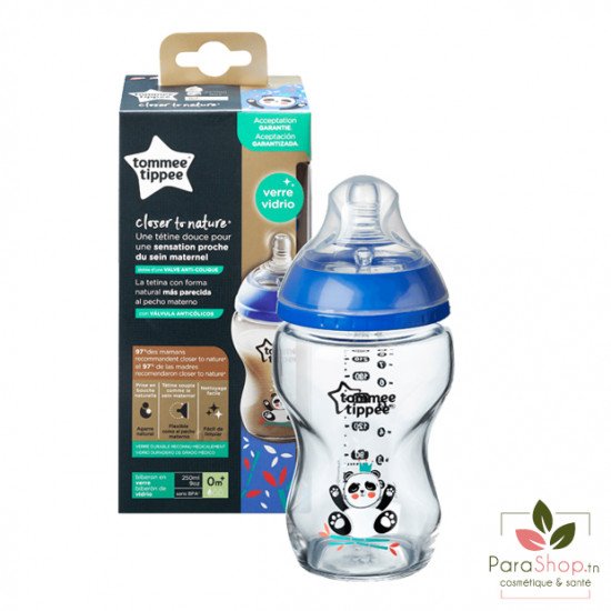 TOMMEE TIPPEE CLOSER TO NATURE BIBERON VERRE 250ML - Panda Bleu / Bambinou