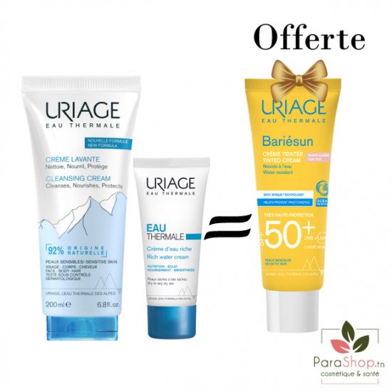 URIAGE PACK Eau Thermale Creme D’eau Riche + Creme Lavante 200ml + Bariesun Creme Teintee Claire OFFERTE - BF 2025 URIAGE PACK Eau Thermale Creme D’eau Riche + Creme Lavante 200ml + Bariesun Creme Teintee Claire OFFERTE - BF 2025