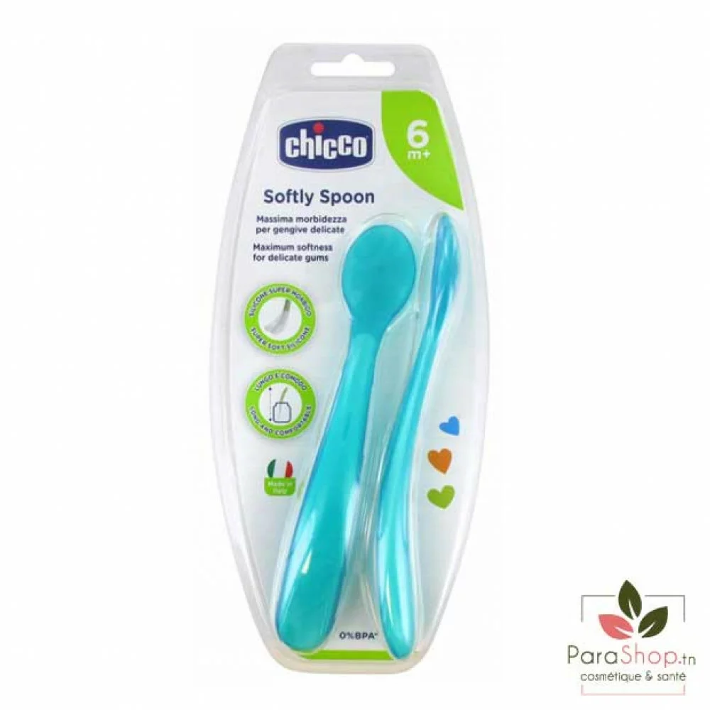 CHICCO Softly Spoon 2 Cuillères Souples 6m+ - Bleu